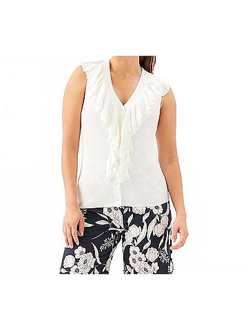Karen Kane Sleeveless Ruffle V-Neck Sweater in Off White (view 2)
