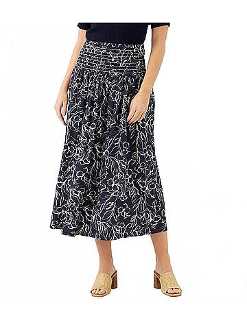 Karen Kane Smocked Waist Midi Skirt in Print (view 2)