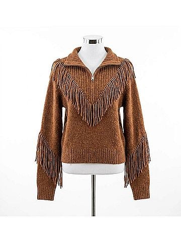 Miss Me Turtleneck 1/4 Zip With Fringe Top in Camel (view 1)