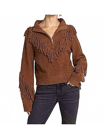 Miss Me Turtleneck 1/4 Zip With Fringe Top in Camel (view 2)