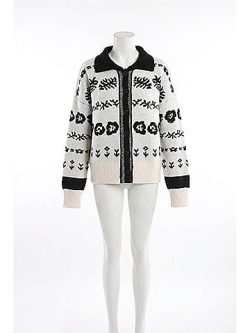 Miracle Flora Relaxed Floral Knit Button-Front Cardigan in White/Black (view 1)