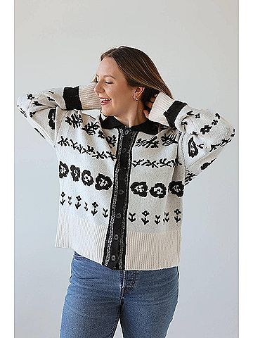 Miracle Flora Relaxed Floral Knit Button-Front Cardigan in White/Black (view 2)