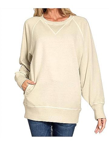 Zenana Pigment Dyed French Terry Pullover Sweater in Sand Beige (view 2)