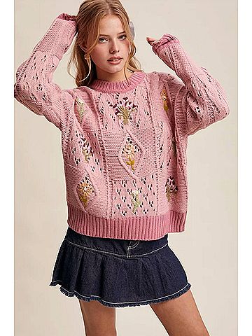 Listicle Floral Embroidered Knit Sweater in Sweet Blush (view 2)