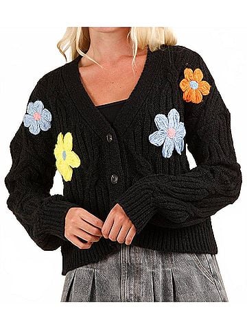 Very J Statement Flower Cardigan in Black (view 2)