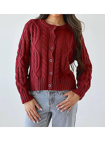 Miracle Lucy Relaxed Cable Knit Button-Down Cardigan in Red (view 2)