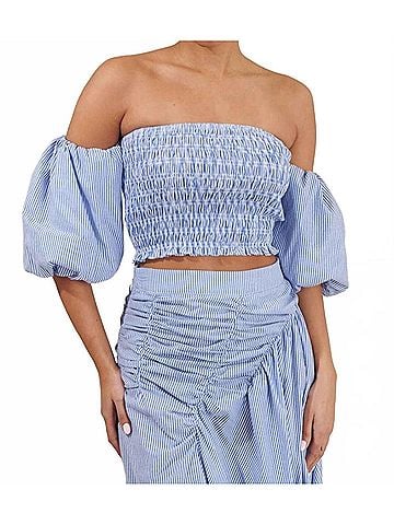 Sugarlips Sammy Striped Elvie Smocked Cropped Top in Blue (view 2)