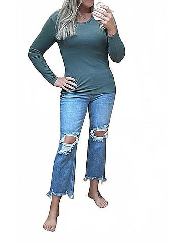 Yelete Ribbed Long Sleeve Top in Olive (view 2)