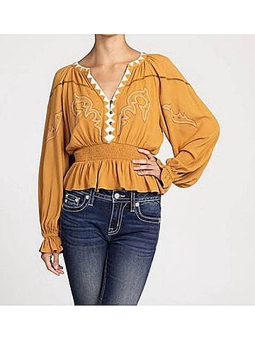 Miss Me Women's Long Puff Sleeve Knit Top in Camel (view 2)