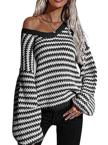 Esley Striped V-Neck Knit Sweater in Black/White (view 2)