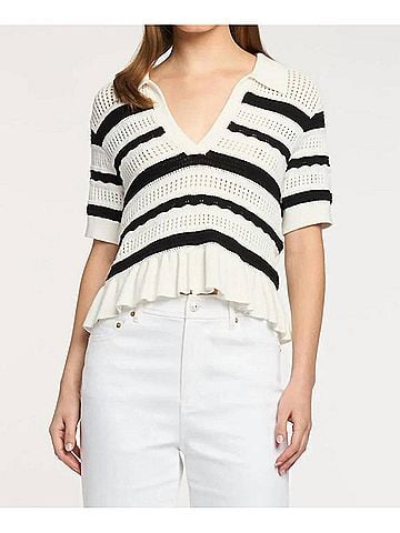 Cinq à Sept Elvire Knit Polo Pullover Top in Black And White (view 2)