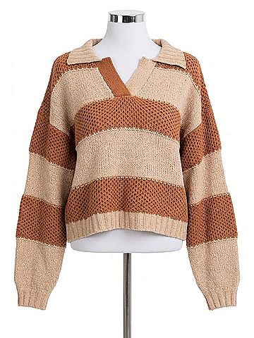 Miss Me Crochet Striped Sweater in Rust Brown (view 1)