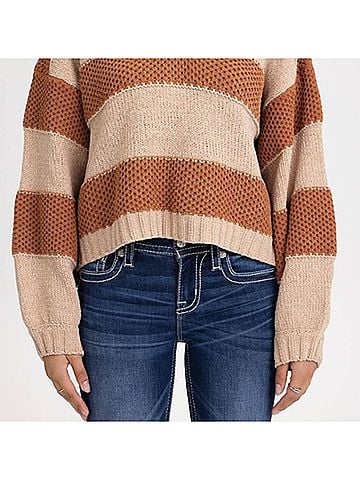Miss Me Crochet Striped Sweater in Rust Brown (view 2)