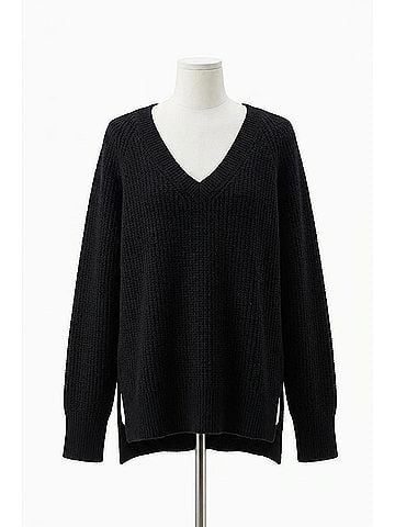 White + Warren Cashmere Ribbed Blouson Sleeve V Neck Sweater in Black (view 1)