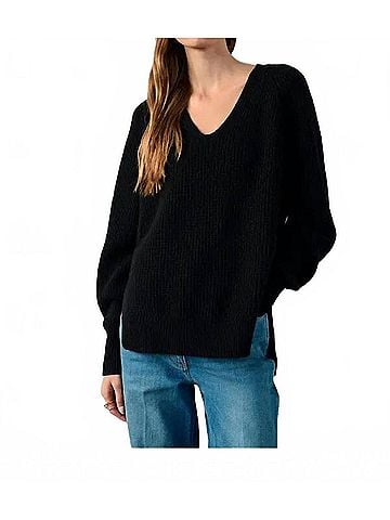 White + Warren Cashmere Ribbed Blouson Sleeve V Neck Sweater in Black (view 2)