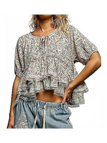 Pol Neck Loop Floral Ruffle Top in Ivory (view 2)