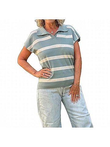 Coco + Carmen Heavenly Luxe Striped Short Sleeve Sweater in Sage Wisdom White (view 2)