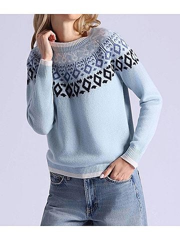 Minnie Rose Cashmere Fair Isle Crew Neck Top With Tipping in Fresco Blue Combo (view 2)