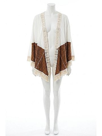 Judith March Duster With Laser Cut Suede And Fringe Details in Ivory/Brown (view 1)