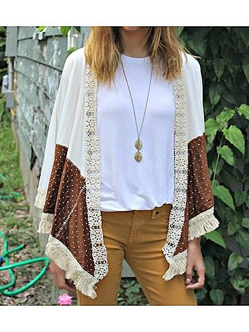 Judith March Duster With Laser Cut Suede And Fringe Details in Ivory/Brown (view 2)