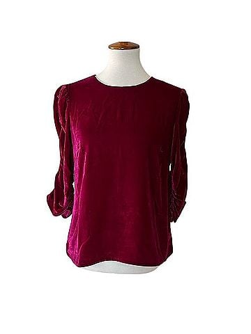 Rebecca Taylor Ruched Sleeve Velvet Top 3/4 Sleeve Silk Top (view 1)
