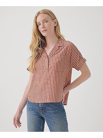 Pact Women's Baked Clay Bondi Stripe Sunset Lightweight Cotton Popover Top (view 2)