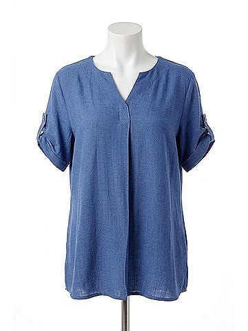 Michael Tyler V-Neck Short Sleeve Top in Denim (view 1)