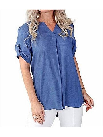 Michael Tyler V-Neck Short Sleeve Top in Denim (view 2)