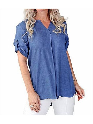 Michael Tyler V-Neck Short Sleeve Top in Denim (view 2)