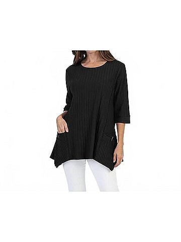 Focus Asymmetrical Textured Rib Knit Cotton Top in Black (view 2)