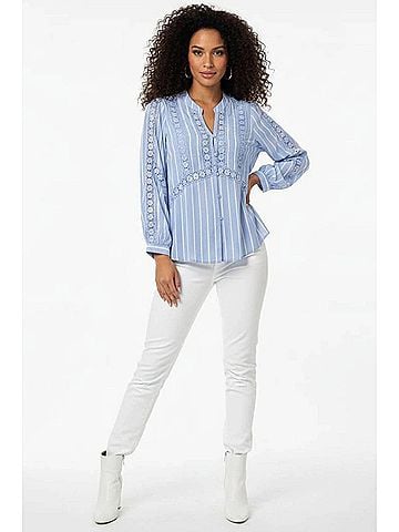 Hester & Orchard Striped Lace-Detail Split Neck Blouse in Blue White (view 2)