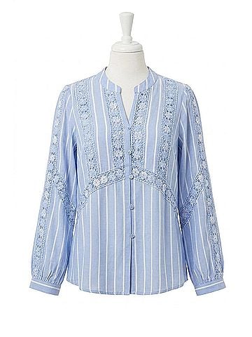 Hester & Orchard Striped Lace-Detail Split Neck Blouse in Blue White (view 1)