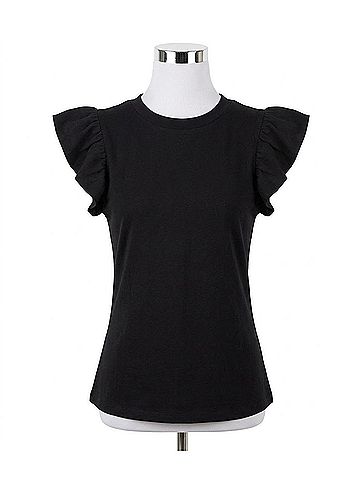 TCEC Ruffled Flutter Sleeves Round Neck Sleeveless Top in Black (view 1)