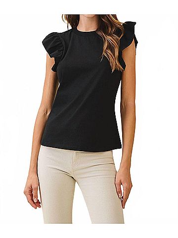 TCEC Ruffled Flutter Sleeves Round Neck Sleeveless Top in Black (view 2)