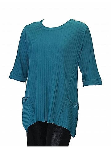 Focus Women's Asymmetrical Textured Rib Knit Top in Teal (view 2)