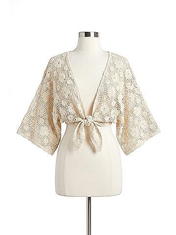 Mustard Seed Solid Crochet Floral Tie Front Crop Top in Natural (view 1)