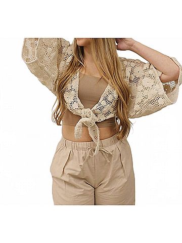 Mustard Seed Solid Crochet Floral Tie Front Crop Top in Natural (view 2)