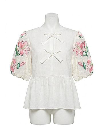 Oddi Embroidered Sleeve Blouse in Cream (view 1)