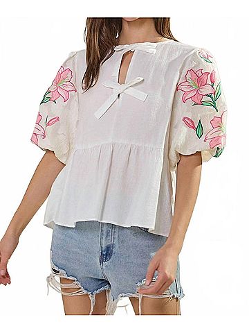 Oddi Embroidered Sleeve Blouse in Cream (view 2)