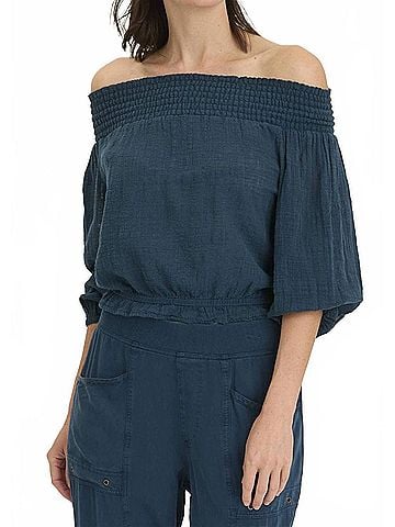 Wearables Jolia Gauze Off Shoulder Billow Sleeve Top in Rich Topaz Blue (view 2)