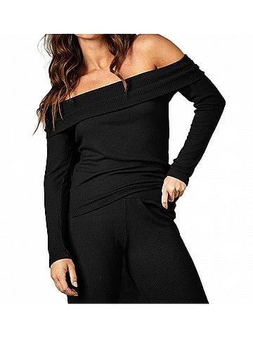 Red Haute Off Shoulder Long Sleeve Top in Black (view 2)