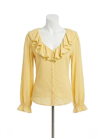grand & greene Pom-Pom Trim Ruffle Blouse in Yellow (view 1)