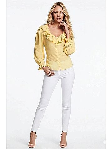 grand & greene Pom-Pom Trim Ruffle Blouse in Yellow (view 2)