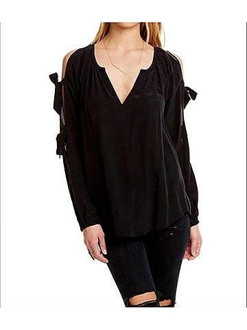 Chaser Silk Slit Blouson Sleeve Top in Black (view 2)