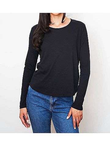 Majestic Filatures Cotton Cashmere Rolled Edge Crewneck Top in 002 Black (view 2)