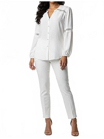 Hester & Orchard Lace-Trim Split Neck Button-Down Blouse in White (view 2)