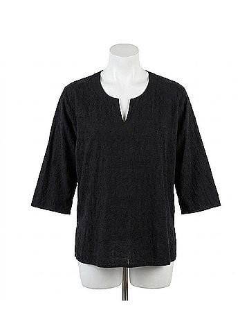 Focus Women's Embroidered Split Neck Cotton Top in Black (view 1)