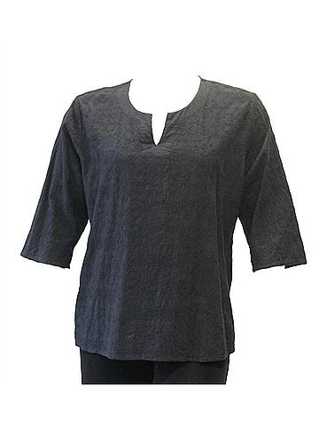 Focus Women's Embroidered Split Neck Cotton Top in Black (view 2)