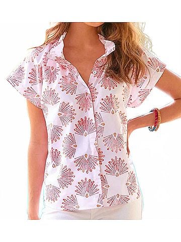 Finley Mended Peacock Print Jenny Top in Coral (view 2)