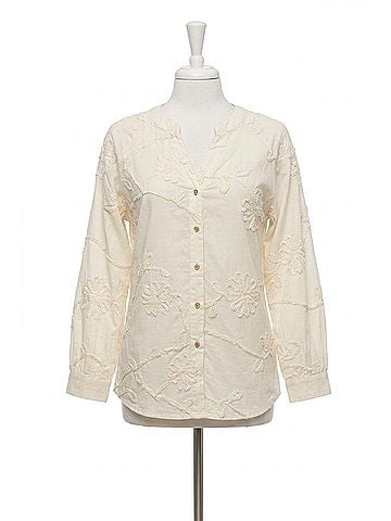 Hester & Orchard Embroidered Floral Button-Down Blouse in Ivory (view 1)